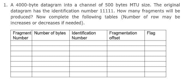 1. A 4000-byte datagram into a channel of 500 bytes MTU size. The original
datagram has the identification number 11111. How many fragments will be
produced? Now complete the following tables (Number of row may be
increases or decreases if needed).
Flag
Fragment Number of bytes
Number
Identification
Number
Fragmentation
offset
