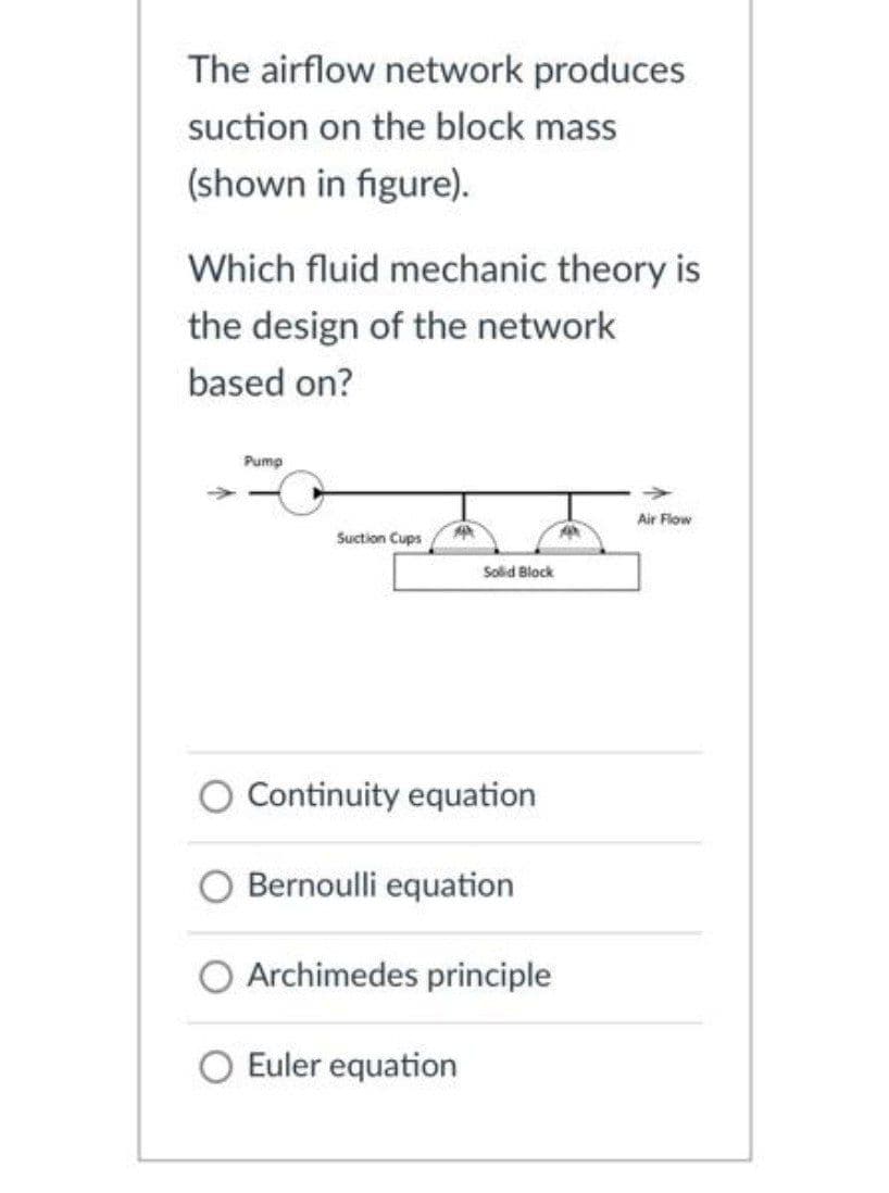 The airflow network produces
suction on the block mass
(shown in figure).
Which fluid mechanic theory is
the design of the network
based on?
Pump
Air Flow
Suction Cups
Solid Block
Continuity equation
Bernoulli equation
O Archimedes principle
O Euler equation
