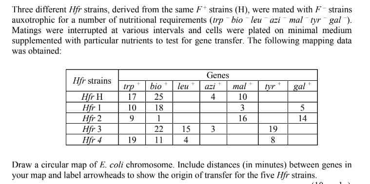 Three different Hfr strains, derived from the same F strains (H), were mated with F- strains
auxotrophic for a number of nutritional requirements (trp bio leu azi mal tyr gal ).
Matings were interrupted at various intervals and cells were plated on minimal medium
supplemented with particular nutrients to test for gene transfer. The following mapping data
was obtained:
Genes
Hfr strains
bio
leu
azi
mal
gal
trp
17
tyr
Hfr H
Hfr 1
Hfr 2
Hfr 3
Hfr 4
25
4
10
10
18
3
5
9.
1
16
14
22
15
3
19
19
11
4
8
Draw a circular map of E. coli chromosome. Include distances (in minutes) between genes in
your map and label arrowheads to show the origin of transfer for the five Hfr strains.
(10
