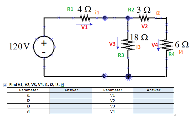 R1 4 Q
i1
R2 3 Q
i2
V1
V2
+
120V
18 Q
V4
V3
6Ω
i3
R3
R4 i4
+ Find V1, V2, V3, V4, i1, i2, i3, i4
Parameter
Answer
Parameter
Answer
i1
V1
i2
V2
i3
V3
14
V4
