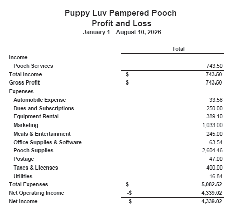 Puppy Luv Pampered Pooch
Profit and Loss
January 1 - August 10, 2026
Total
Income
Pooch Services
743.50
Total Income
%24
743.50
Gross Profit
743.50
Expenses
Automobile Expense
33.58
Dues and Subscriptions
250.00
Equipment Rental
389.10
Marketing
1,033.00
Meals & Entertainment
245.00
Office Supplies & Software
63.54
Pooch Supplies
2,604.46
Postage
47.00
Taxes & Licenses
400.00
Utilities
16.84
Total Expenses
5,082.52
Net Operating Income
4,339.02
Net Income
4,339.02
%24
%24
%24
