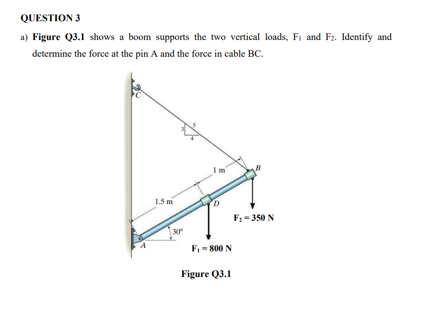 QUESTION 3
a) Figure Q3.1 shows a boom supports the two vertical loads, F1 and F2. Identify and
determine the force at the pin A and the force in cable BC.
1 m
B
1.5 m
F2 = 350 N
30°
F1 = 800 N
Figure Q3.1
