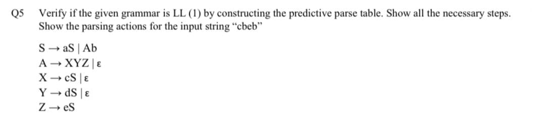 Q5
Verify if the given grammar is LL (1) by constructing the predictive parse table. Show all the necessary steps.
Show the parsing actions for the input string "cbeb"
S as | Ab
A - XYZ |E
X- cS |E
Y - dS | ɛ
Z- es
