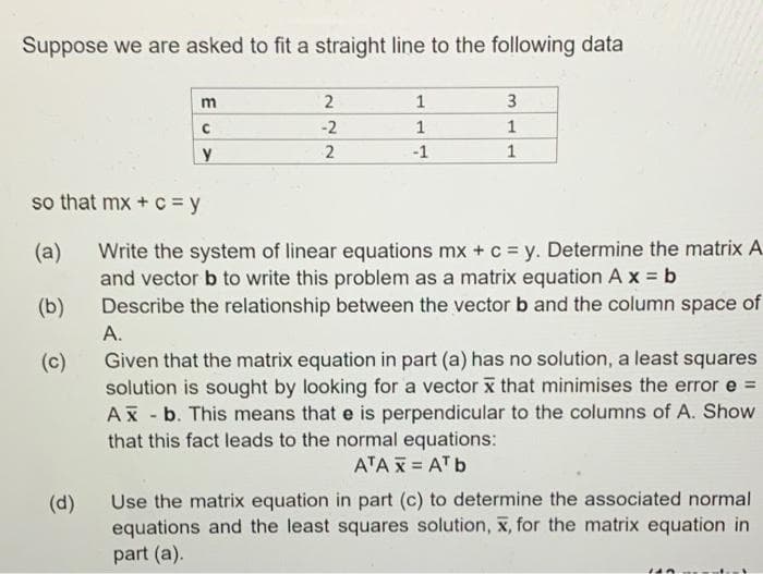 Suppose we are asked to fit a straight line to the following data
m
2
1
3
-2
1
2
-1
1
so that mx + c = y
Write the system of linear equations mx + c = y. Determine the matrix A.
and vector b to write this problem as a matrix equation A x b
Describe the relationship between the vector b and the column space of
(a)
(b)
A.
Given that the matrix equation in part (a) has no solution, a least squares
solution is sought by looking for a vector x that minimises the error e =
Ax - b. This means that e is perpendicular to the columns of A. Show
that this fact leads to the normal equations:
(c)
ATA X = ATb
Use the matrix equation in part (c) to determine the associated normal
equations and the least squares solution, x, for the matrix equation in
part (a).
(d)
