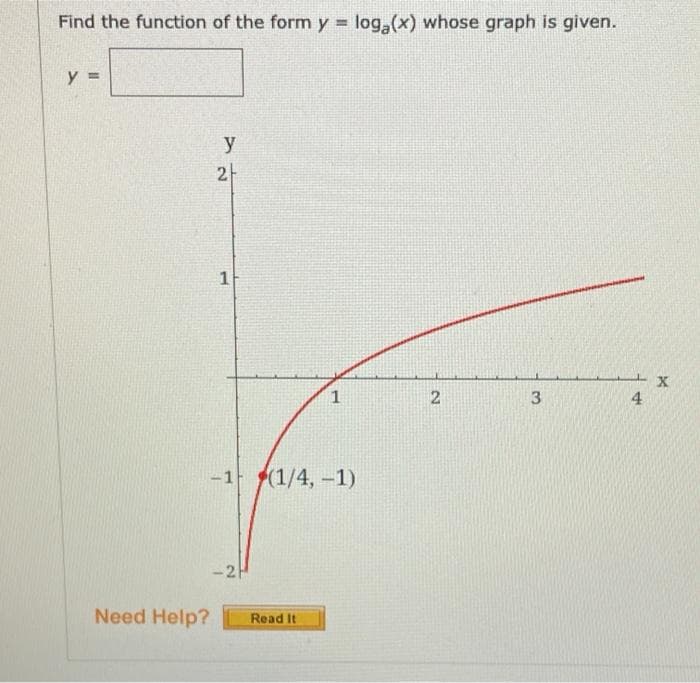 Find the function of the form y = log, (x) whose graph is given.
%3D
y =
y
2-
3
4
-1 (1/4, -1)
2
Need Help?
Read It
2.
1.
