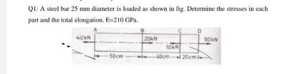 Ql: A steel bur 25 mm diameter is loaded as shown in fig. Determine the stresses in each
part and the total elongation. E=210 GPa.
40KN
20KN
30KN
10KN
50cm
40cm- 20cm
