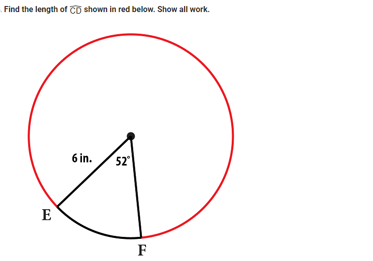 Find the length of CD shown in red below. Show all work.
E
6 in.
52°
F