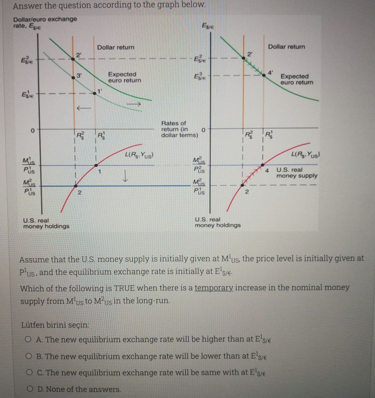 Answer the question according to the graph below.
Dollar/euro exchange
rate, Ese
Esye
Dollar return
Dollar return
2"
2'
Expected
euro return
3'
Expected
euro return
Ede
Rates of
return (in
dollar terms)
R
R R
L(A, Yus)
L(Rg, Yus)
Mis
Pis
Mis
Ps
US
4.
U.S. real
money supply
Mis
Pis
Mus
US
Pus
US
U.S. real
money holdings
U.S. real
money holdings
Assume that the U.S. money supply is initially given at M-us, the price level is initially given at
P'us, and the equilibrium exchange rate is initially at E's/e.
Which of the following is TRUE when there is a temporary increase in the nominal money
supply from M us to M²us in the long-run.
US
US
Lütfen birini seçin:
O A. The new equilibrium exchange rate will be higher than at E's/E
O B. The new equilibrium exchange rate will be lower than at Ese
O C. The new equilibrium exchange rate will be same with at E's/E
O D. None of the answers.
