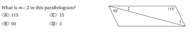 What is mZ2 in this parallelogram?
A 115
2
50°
115°
© 15
B 50
D 2
