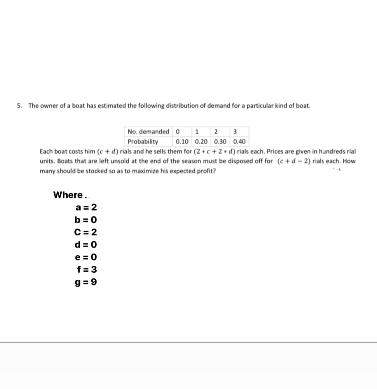 The owner of a boat has estimated the following distribution of demand for a particular kind of boat.
No. demanded o
1 2 3
Probability
0.10 0.20 0.30 0.40
Each boat costs him (c + d) rials and he sells them for (2 • c + 2 • d) rials each. Prices are given in hundreds rial
units. Boats that are left unsold at the end of the season must be disposed off for (c + d – 2) rials each. How
many should be stocked so as to maximize his expected profit?
