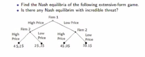 • Find the Nash equilibria of the following extensive-form game.
• Is there any Nash equilibrim with incredible threat?
Firm 1
High Price
Low Price
Firm 2
High
Price
Firm 2
Low
High
Price
Low
Price
Price
35.1$
4 5,25
25,is
45.0s
