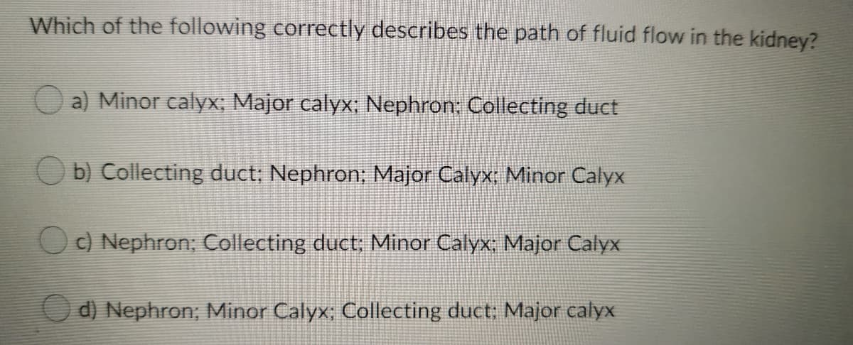 Which of the following correctly describes the path of fluid flow in the kidney?
a) Minor calyx; Major calyx; Nephron: Collecting duct
b) Collecting duct; Nephron; Major Calyx; Minor Calyx
Oc) Nephron; Collecting duct; Minor Calyx; Major Calyx
d) Nephron; Minor Calyx; Collecting duct; Major calyx