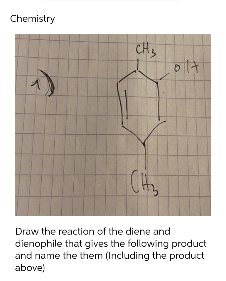 Chemistry
1)
CH ₂
CH₂
olt
Draw the reaction of the diene and
dienophile that gives the following product
and name the them (Including the product
above)