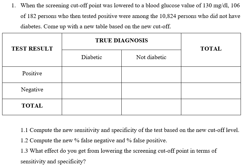 1. When the screening cut-off point was lowered to a blood glucose value of 130 mg/dl, 106
of 182 persons who then tested positive were among the 10,824 persons who did not have
diabetes. Come up with a new table based on the new cut-off.
TEST RESULT
Positive
Negative
TOTAL
TRUE DIAGNOSIS
Diabetic
Not diabetic
TOTAL
1.1 Compute the new sensitivity and specificity of the test based on the new cut-off level.
1.2 Compute the new % false negative and % false positive.
1.3 What effect do you get from lowering the screening cut-off point in terms of
sensitivity and specificity?