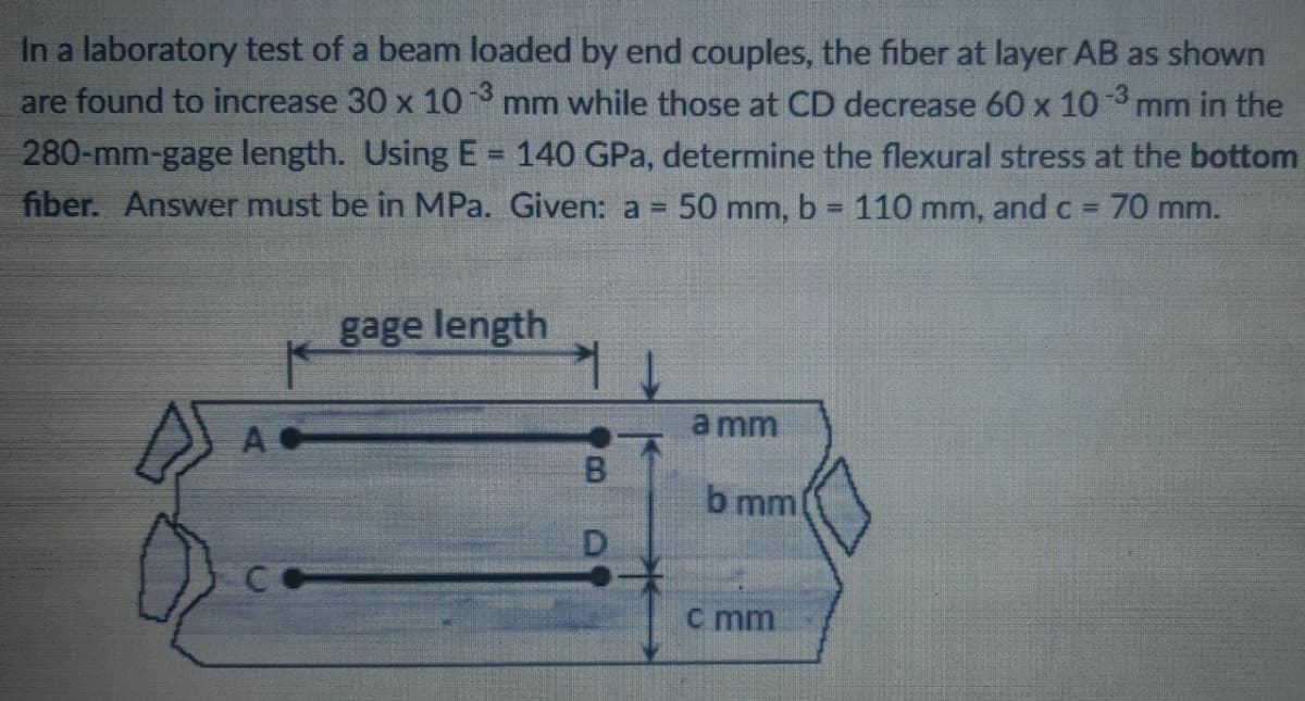 In a laboratory test of a beam loaded by end couples, the fiber at layer AB as shown
are found to increase 30 x 10 mm while those at CD decrease 60 x 10 3 mm in the
280-mm-gage length. Using E = 140 GPa, determine the flexural stress at the bottom
fiber. Answer must be in MPa. Given: a =
%3D
50 mm, b = 110 mm, and c =
70 mm.
gage length
a mm
A
b mm
CO
c mm
