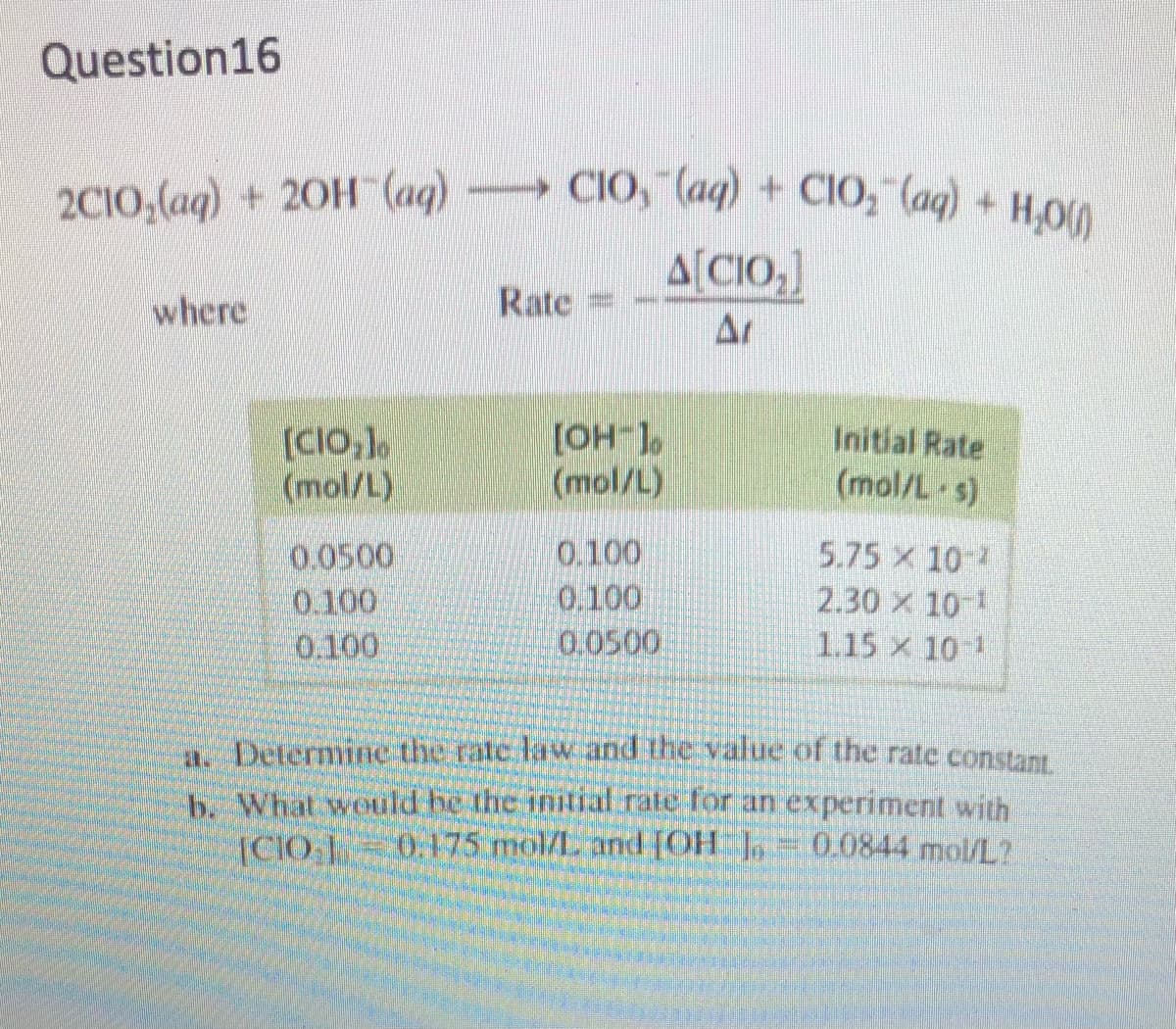 Question16
2CI0,(aq) + 20H (ag)
CIO, (ag) + CIO, (aq) + H,0)
A[CIO,]
where
Rate
Ar
[CIO,)
(mol/L)
[OH 1,
(mol/L)
Initial Rate
(mol/L s)
0.0500
0.100
0.100
0.100
0.100
0.0500
5.75 X 10
2.30 x 10-1
1.15 X 10-1
a. Determine the rate law and the value of the rate constant
b. What would be the initial.rate for an experiment with
ICIO 0.175 mol/L and [OHL=0.0844 mol/L?
