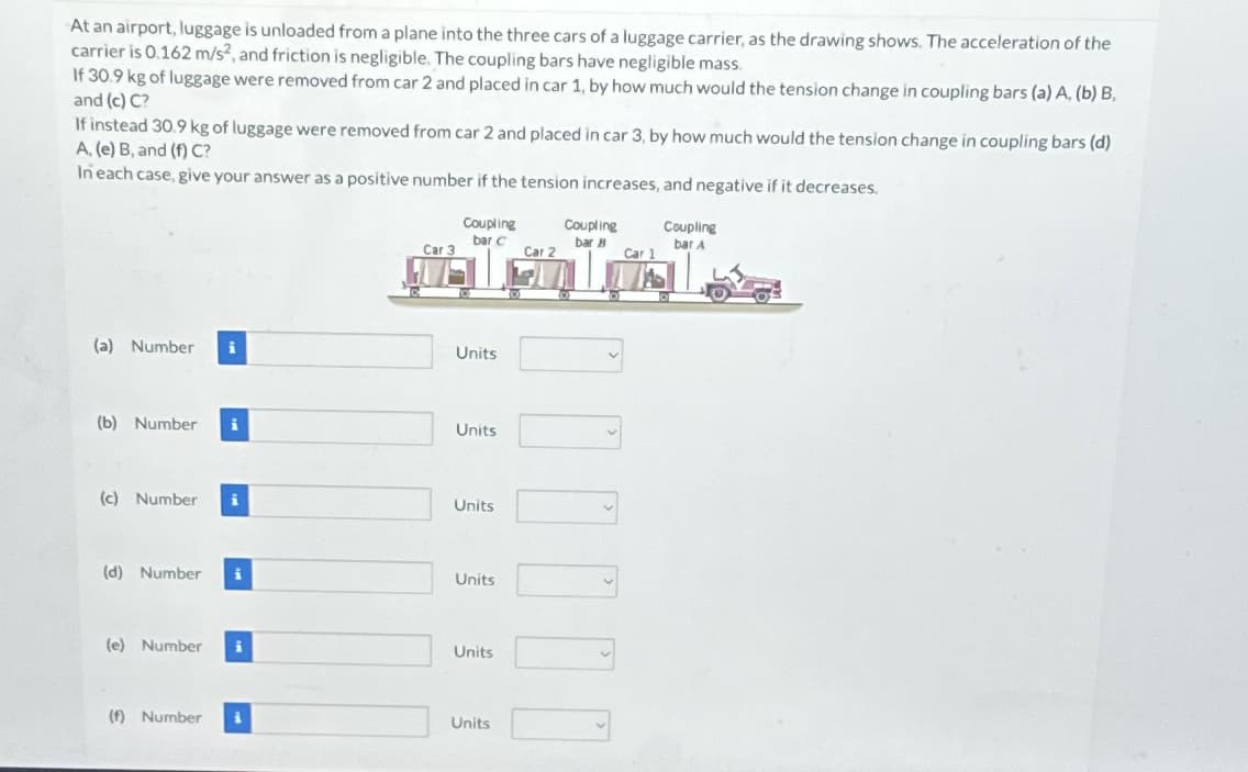 At an airport, luggage is unloaded from a plane into the three cars of a luggage carrier, as the drawing shows. The acceleration of the
carrier is 0.162 m/s², and friction is negligible. The coupling bars have negligible mass.
If 30.9 kg of luggage were removed from car 2 and placed in car 1, by how much would the tension change in coupling bars (a) A, (b) B.
and (c) C?
If instead 30.9 kg of luggage were removed from car 2 and placed in car 3, by how much would the tension change in coupling bars (d)
A, (e) B, and (f) C?
In each case, give your answer as a positive number if the tension increases, and negative if it decreases.
(a) Number
(b) Number
Coupling
bar C
Coupling
bar B
Coupling
bar A
Car 3
Car 2
Car
Units
Units
(c) Number i
Units
(d) Number
Units
(e) Number
Units
(f) Number
Units