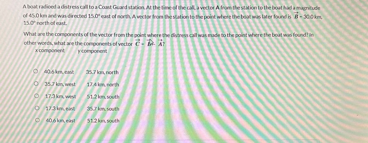 A boat radioed a distress call to a Coast Guard station. At the time of the call, a vector A from the station to the boat had a magnitude
of 45.0 km and was directed 15.0° east of north. A vector from the station to the point where the boat was later found is B = 30.0 km,
15.0° north of east.
What are the components of the vector from the point where the distress call was made to the point where the boat was found? In
other words, what are the components of vector C=A?
x component
y component
O
40.6 km, east
35.7 km, north
O
35.7 km, west
17.4 km, north
0 17.3 km, west
51.2 km, south
O 17.3 km, east
35.7 km, south
O
40.6 km, east
51.2 km, south