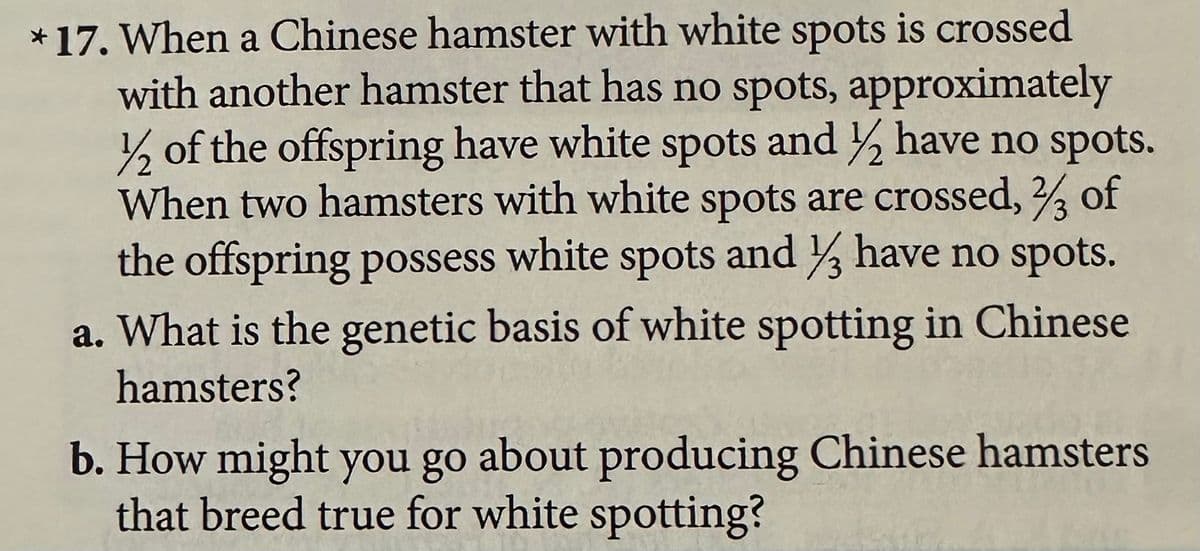 * 17. When a Chinese hamster with white spots is crossed
with another hamster that has no spots, approximately
½ of the offspring have white spots and ½ have no spots.
When two hamsters with white spots are crossed, % of
the offspring possess white spots and 3 have no spots.
a. What is the genetic basis of white spotting in Chinese
hamsters?
b. How might you go about producing Chinese hamsters
that breed true for white spotting?