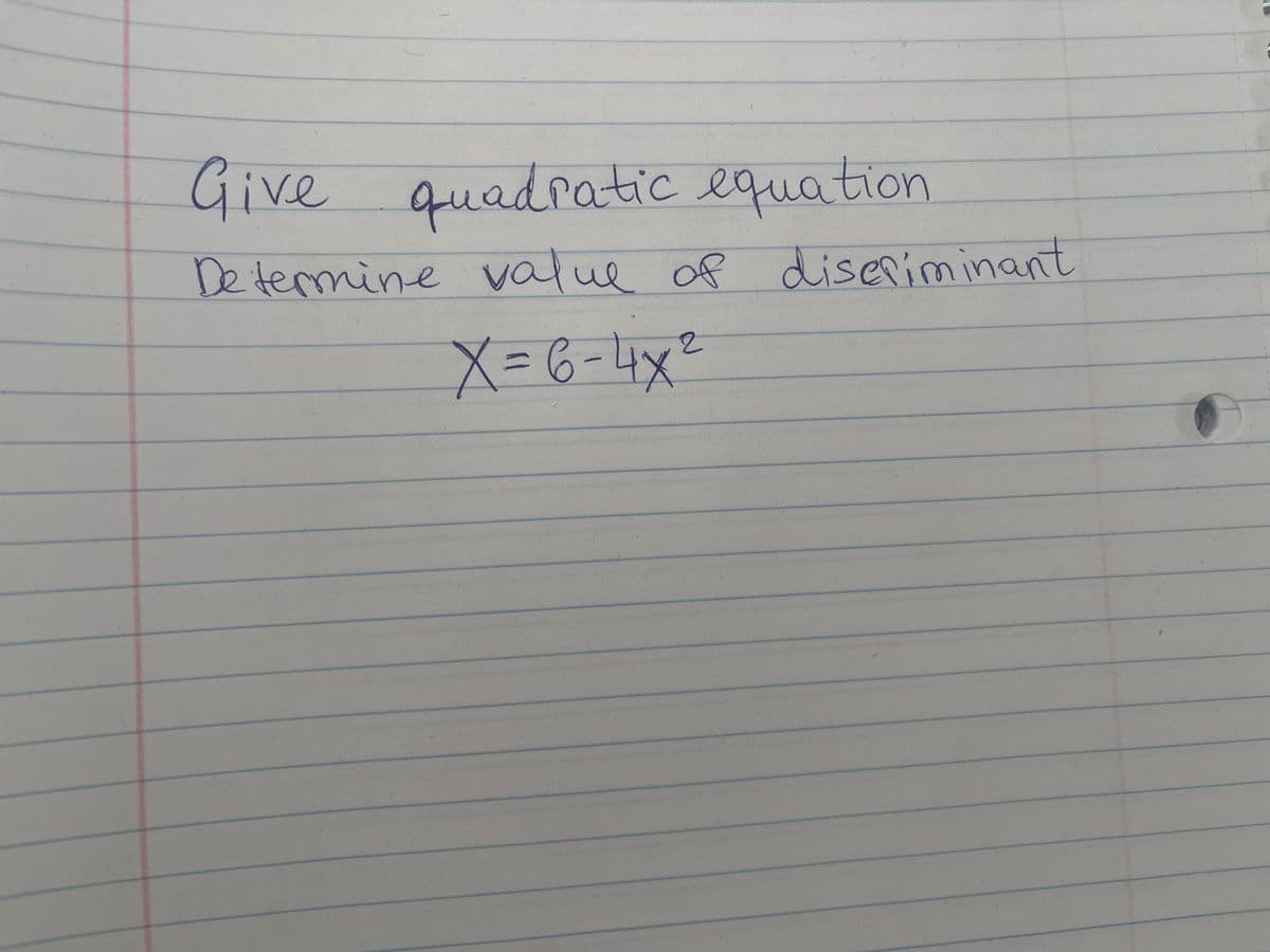 **Quadratic Equations and the Discriminant**

In this exercise, we are given a quadratic equation and instructed to determine the value of its discriminant. The equation provided is:

\[ X = 6 - 4X^2 \]

**Steps to Solve:**

1. **Rearrange the Equation**:  
   Convert the equation into the standard quadratic form \(ax^2 + bx + c = 0\).
   
   \[ 4X^2 + X - 6 = 0 \]

2. **Identify Coefficients**:  
   - \(a = 4\)
   - \(b = 1\)
   - \(c = -6\)

3. **Calculate the Discriminant**:  
   The discriminant \(\Delta\) of a quadratic equation \(ax^2 + bx + c = 0\) is given by the formula:

   \[ \Delta = b^2 - 4ac \]

   Substitute the values of \(a\), \(b\), and \(c\) into the formula:

   \[ \Delta = (1)^2 - 4(4)(-6) = 1 + 96 = 97 \]

**Conclusion**:

The discriminant of the quadratic equation \(4X^2 + X - 6 = 0\) is 97.

**Understanding the Discriminant**:

- A positive discriminant (\(\Delta > 0\)) indicates that the quadratic equation has two distinct real roots.
- If \(\Delta = 0\), the quadratic equation has exactly one real root (a repeated root).
- If \(\Delta < 0\), the quadratic equation has no real roots, but instead has two complex roots. 

In this case, since \(\Delta = 97\) (which is positive), the quadratic equation has two distinct real roots.