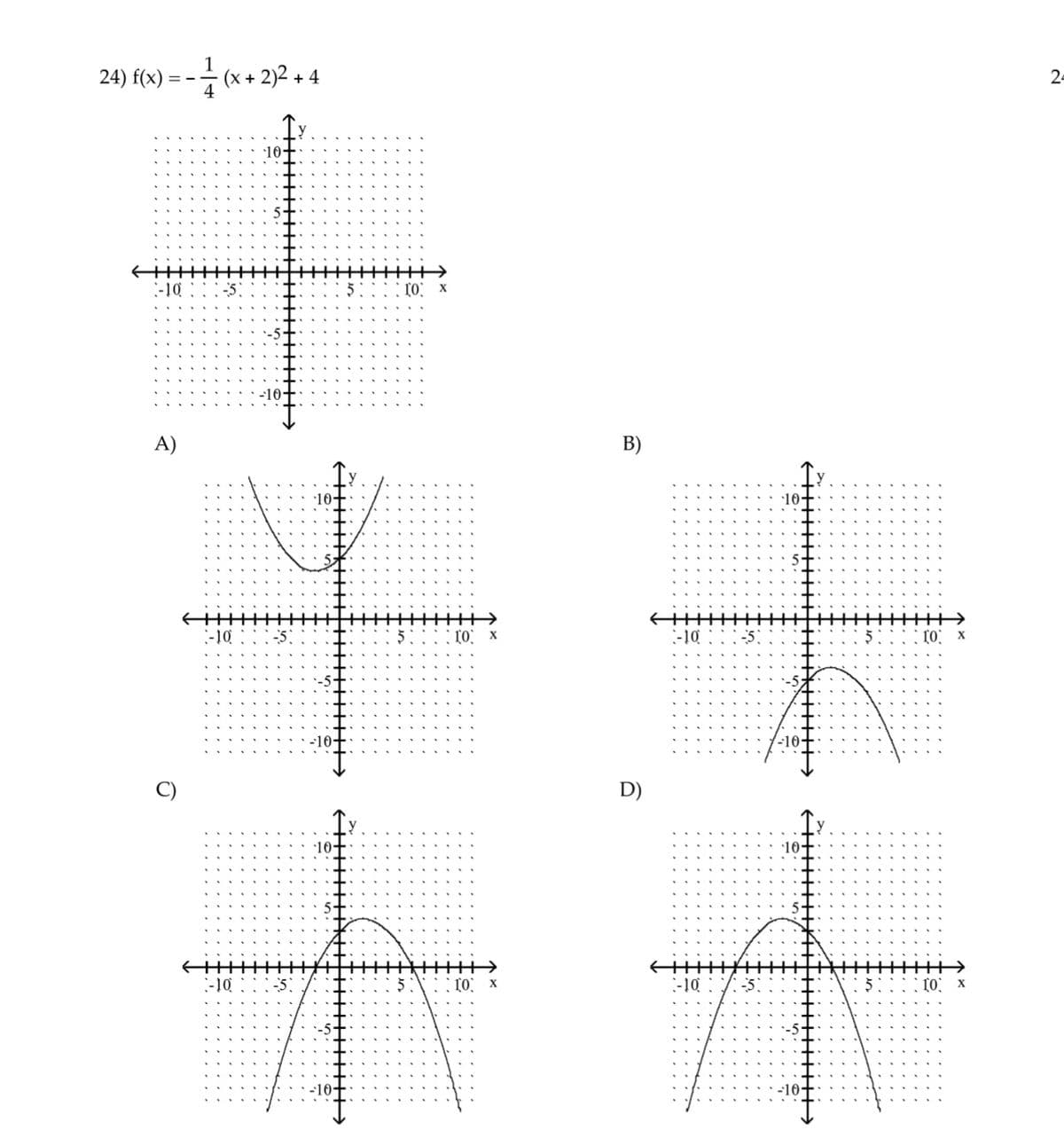 24) f(x) - 1/(x+
-10
A)
O
(x + 2)2 + 4
+++
-10
-10
·10
字
-10-
10-
→
10x
10x
10x
B)
D)
←
-10
$
-10
GHHHHHHHH
10x
10 x
24