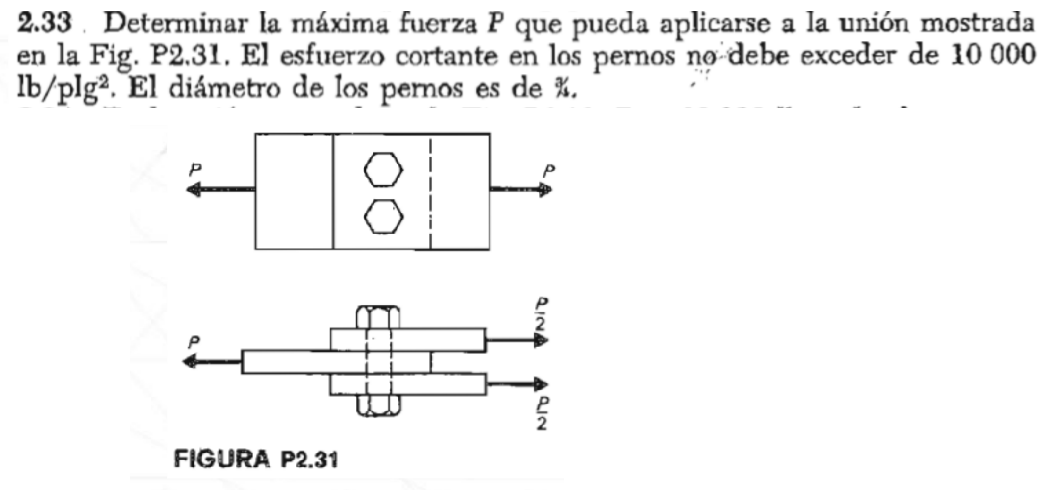 2.33. Determinar la máxima fuerza P que pueda aplicarse a la unión mostrada
en la Fig. P2.31. El esfuerzo cortante en los pernos no debe exceder de 10 000
lb/plg®. El diámetro de los pernos es de %.
FIGURA P2.31
