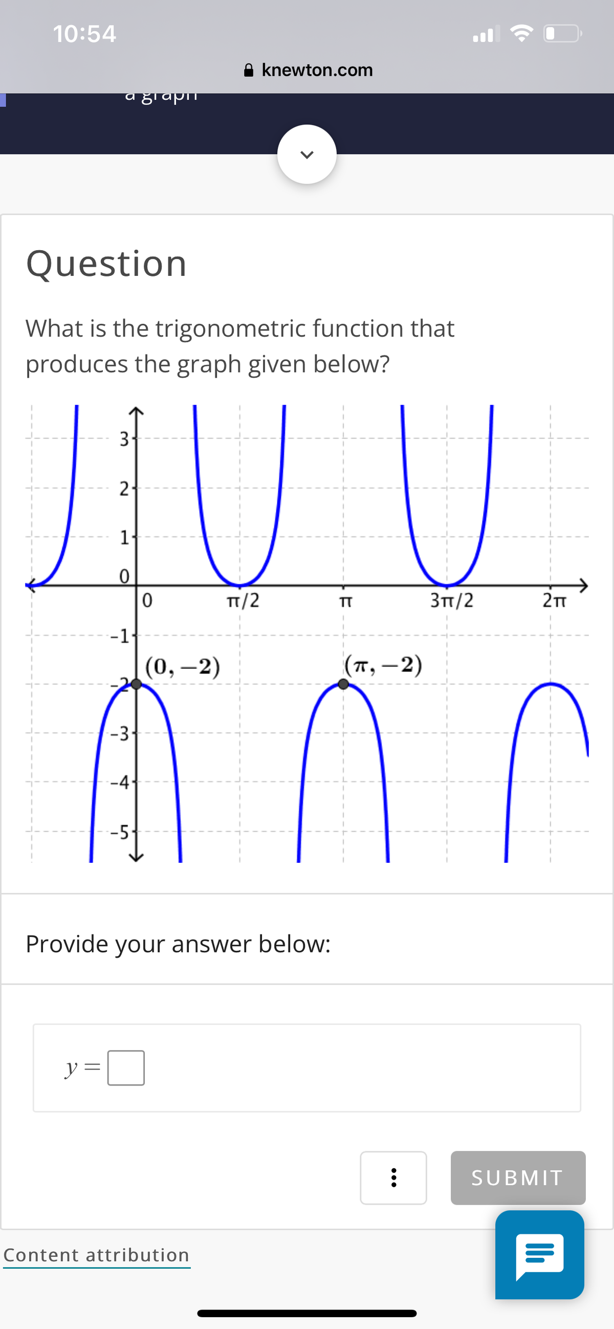 10:54
knewton.com
Question
What is the trigonometric function that
produces the graph given below?
3
2
1
п/2
TT
Зп/2
-11
(0, –2)
(п, —2)
-3
-4
-5.
Provide your answer below:
y =
SUBMIT
Content attribution
