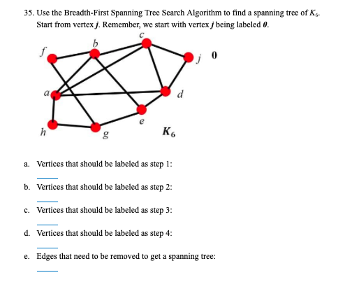 35. Use the Breadth-First Spanning Tree Search Algorithm to find a spanning tree of K,.
Start from vertex j. Remember, we start with vertex j being labeled 0.
d
a
h
K6
a. Vertices that should be labeled as step 1:
b. Vertices that should be labeled as step 2:
c. Vertices that should be labeled as step 3:
d. Vertices that should be labeled as step 4:
e. Edges that need to be removed to get a spanning tree:
