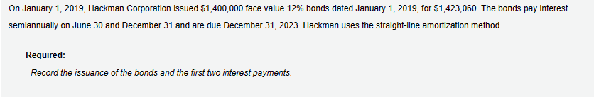 On January 1, 2019, Hackman Corporation issued $1,400,000 face value 12% bonds dated January 1, 2019, for $1,423,060. The bonds pay interest
semiannually on June 30 and December 31 and are due December 31, 2023. Hackman uses the straight-line amortization method.
Required:
Record the issuance of the bonds and the first two interest payments.