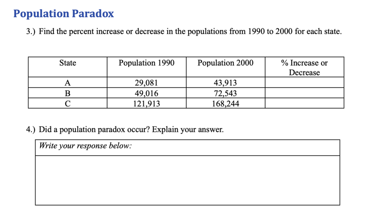 Population Paradox
3.) Find the percent increase or decrease in the populations from 1990 to 2000 for each state.
State
Population 1990
Population 2000
% Increase or
Decrease
29,081
49,016
121,913
43,913
72,543
168,244
A
C
4.) Did a population paradox occur? Explain your answer.
Write your response below:
