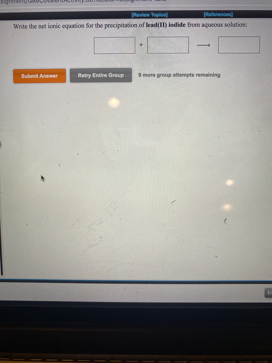 Write the net ionic equation for the precipitation of lead(II) iodide from aqueous solution:
