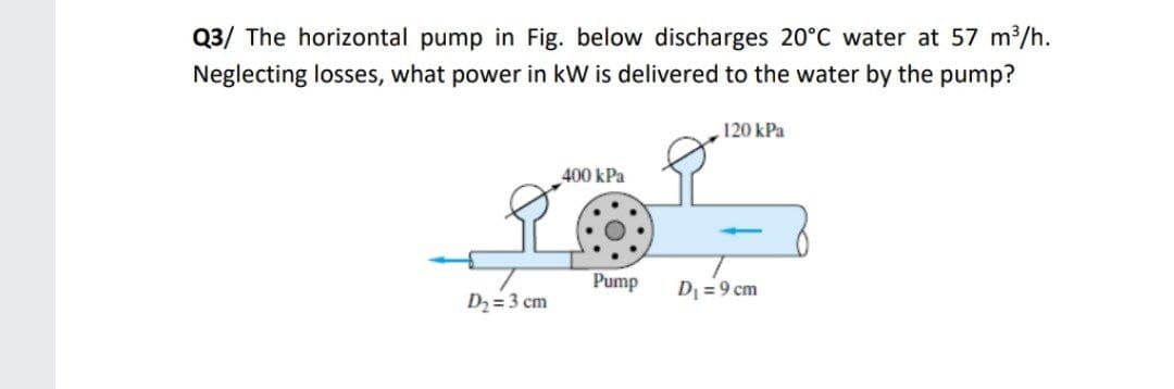 Q3/ The horizontal pump in Fig. below discharges 20°C water at 57 m2/h.
Neglecting losses, what power in kW is delivered to the water by the pump?
120 kPa
400 kPa
Pump
D = 9 cm
D2=3 cm
