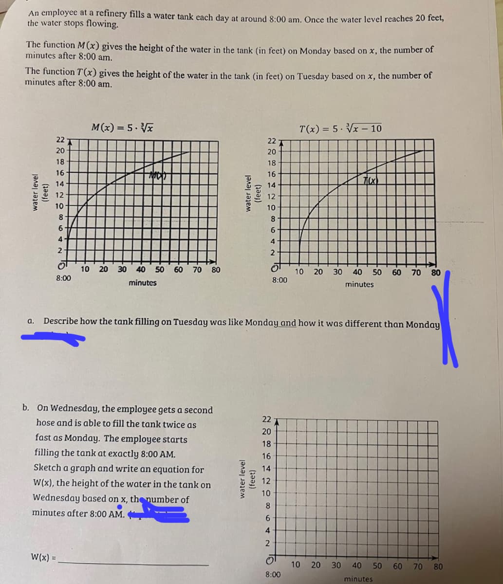 An employee at a refinery fills a water tank each day at around 8:00 am. Once the water level reaches 20 feet,
the water stops flowing.
The function M(x) gives the height of the water in the tank (in feet) on Monday based on x, the number of
minutes after 8:00 am.
The function 7(x) gives the height of the water in the tank (in feet) on Tuesday based on x, the number of
minutes after 8:00 am.
water level
(feet)
22
20
18
16
14
12
10
8
6
4
2
8:00
M(x) = 5.√√x
MOT
10 20 30 40 50 60 70 80
minutes
W(x) =
b. On Wednesday, the employee gets a second
hose and is able to fill the tank twice as
fast as Monday. The employee starts
filling the tank at exactly 8:00 AM.
Sketch a graph and write an equation for
W(x), the height of the water in the tank on
Wednesday based on x, the number of
●
minutes after 8:00 AM.
water level
(feet)
22 T
20
18
16
14
water level
(feet)
12
10
8
6
4
2
0⁰
8:00
a. Describe how the tank filling on Tuesday was like Monday and how it was different than Monday
22 T
20
18
16
14
12
10
8
6
4
2
T(x) = 5√√x - 10
8:00
Ti(x)
10 20 30 40 50 60 70 80
minutes
10 20 30 40 50 60 70 80
minutes