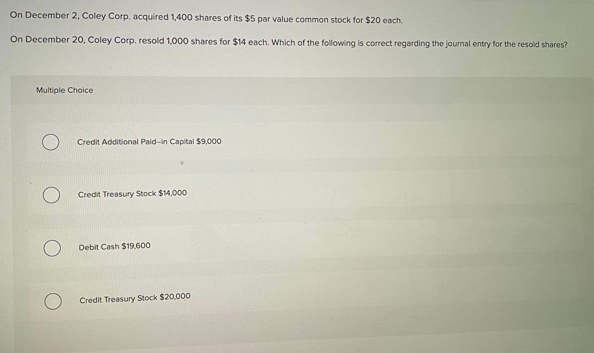 On December 2, Coley Corp. acquired 1,400 shares of its $5 par value common stock for $20 each.
On December 20, Coley Corp. resold 1,000 shares for $14 each. Which of the following is correct regarding the journal entry for the resold shares?
Multiple Choice
Credit Additional Paid-in Capital $9,000
Credit Treasury Stock $14,000
Debit Cash $19,600
Credit Treasury Stock $20,000
