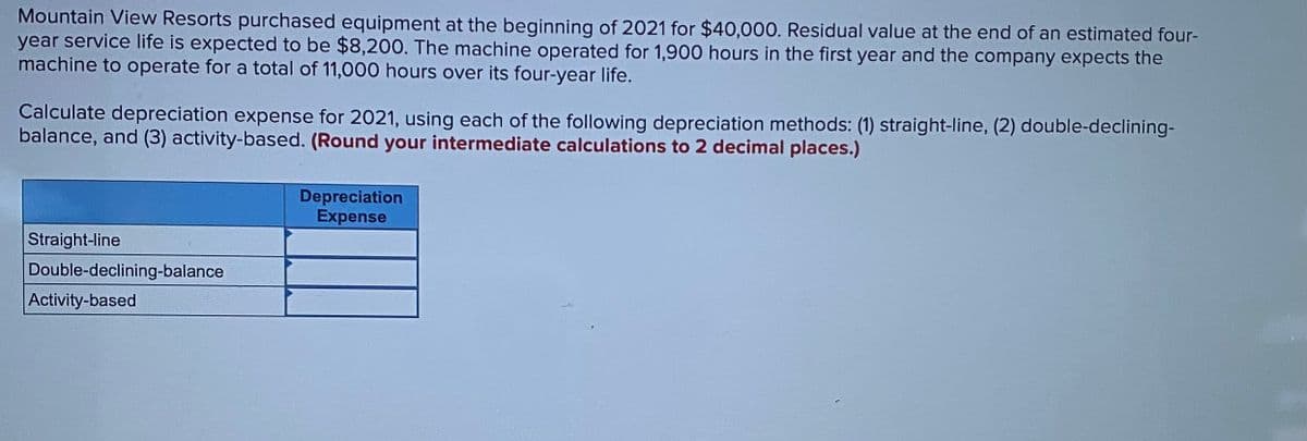 Mountain View Resorts purchased equipment at the beginning of 2021 for $40,000. Residual value at the end of an estimated four-
year service life is expected to be $8,200. The machine operated for 1,900 hours in the first year and the company expects the
machine to operate for a total of 11,000 hours over its four-year life.
Calculate depreciation expense for 2021, using each of the following depreciation methods: (1) straight-line, (2) double-declining-
balance, and (3) activity-based. (Round your intermediate calculations to 2 decimal places.)
Depreciation
Expense
Straight-line
Double-declining-balance
Activity-based
