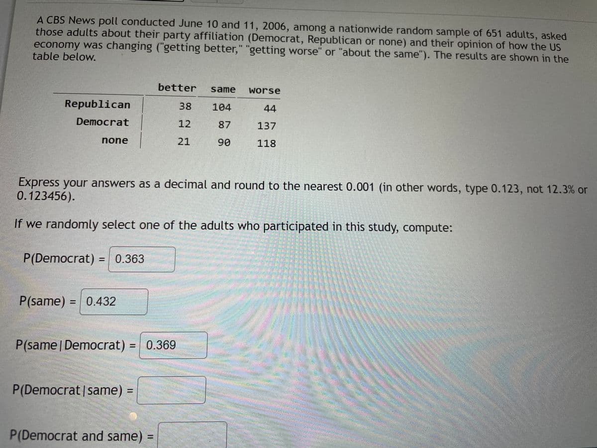 A CBS News poll conducted June 10 and 11, 2006, among a nationwide random sample of 651 adults, asked
those adults about their party affiliation (Democrat, Republican or none) and their opinion of how the US
economy was changing ("getting better," "getting worse" or "about the same"). The results are shown in the
table below.
better
same
worse
Republican
38
104
44
Democrat
12
87
137
none
21
90
118
Express your answers as a decimal and round to the nearest 0.001 (in other words, type 0.123, not 12.3% or
A 0.123456).
If we randomly select one of the adults who participated in this study, compute:
P(Democrat)
0.363
三
P(same) = | 0.432
P(same | Democrat) = 0.369
P(Democrat|same) =
P(Democrat and same)
