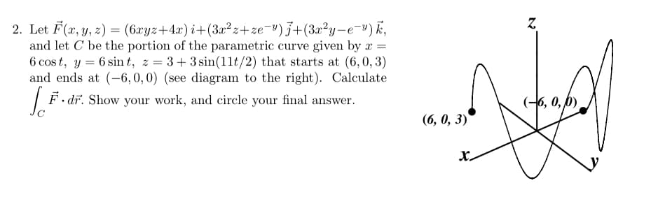 Z.
2. Let F(x, y, z) = (6xyz+4x) i+(3x² z+ze=v) j+(3x²y-e-") k,
and let C be the portion of the parametric curve given by =
6 cos t, y = 6 sin t, z = 3+ 3 sin(11t/2) that starts at (6,0, 3)
and ends at (-6,0, 0) (see diagram to the right). Calculate
| F. dr. Show your work, and circle your final answer.
%3D
%3D
(-6, 0, 0),
(6, 0, 3)
X.
