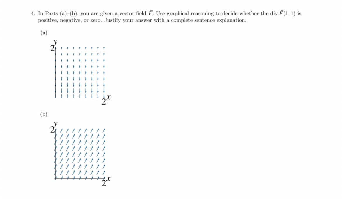 4. In Parts (a)-(b), you are given a vector field F. Use graphical reasoning to decide whether the div F(1,1) is
positive, negative, or zero. Justify your answer with a complete sentence explanation.
(a)
(b)
