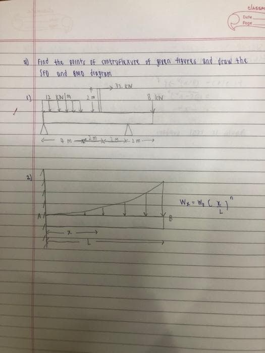 classm
Dete
Pege
Find the paints of cantroflexvre of given f19vres and draw the
SFO and RMO diagram
31 KN
to
12 KN m
8 kN
M 1 t-
2)
L.
