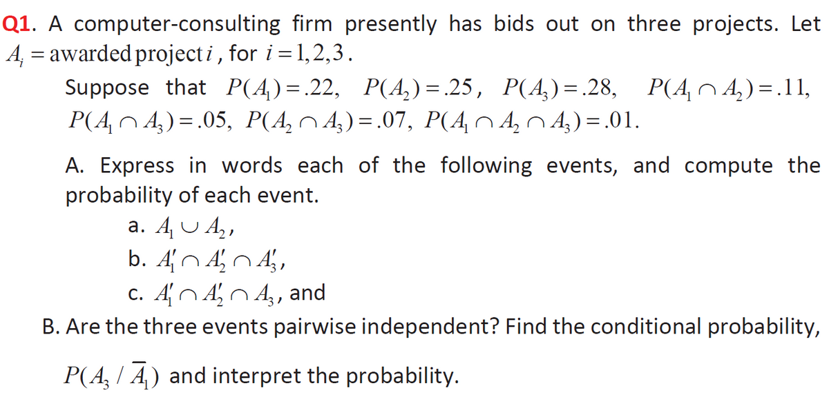 Q1. A computer-consulting firm presently has bids out on three projects. Let
A, = awarded project i , for i = 1,2,3.
Suppose that Р(4)%3D 22, Р(A,) %3D 25, Р(A,) %3D. 28, Р(АА,)%-.11,
P(A n 4,) = .05, P(A,^ A,) = .07, P(4n A, N 4) = ,01.
A. Express in words each of the following events, and compute the
probability of each event.
a. A U A,,
b. An AN 4,,
c. Afn A,n 4,, and
B. Are the three events pairwise independent? Find the conditional probability,
P(A, I A) and interpret the probability.
