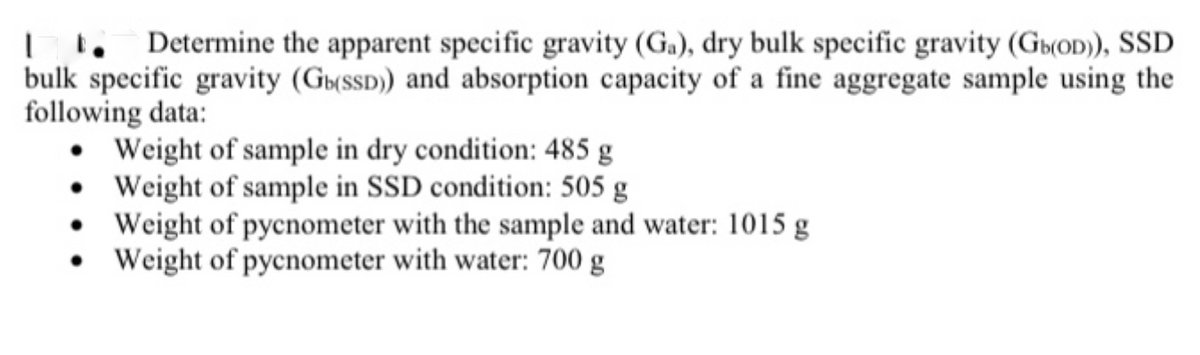 I 1. Determine the apparent specific gravity (G.), dry bulk specific gravity (Gs(OD)), SSD
bulk specific gravity (Gt(ssD) and absorption capacity of a fine aggregate sample using the
following data:
Weight of sample in dry condition: 485 g
• Weight of sample in SSD condition: 505 g
• Weight of pycnometer with the sample and water: 1015 g
Weight of pycnometer with water: 700 g
