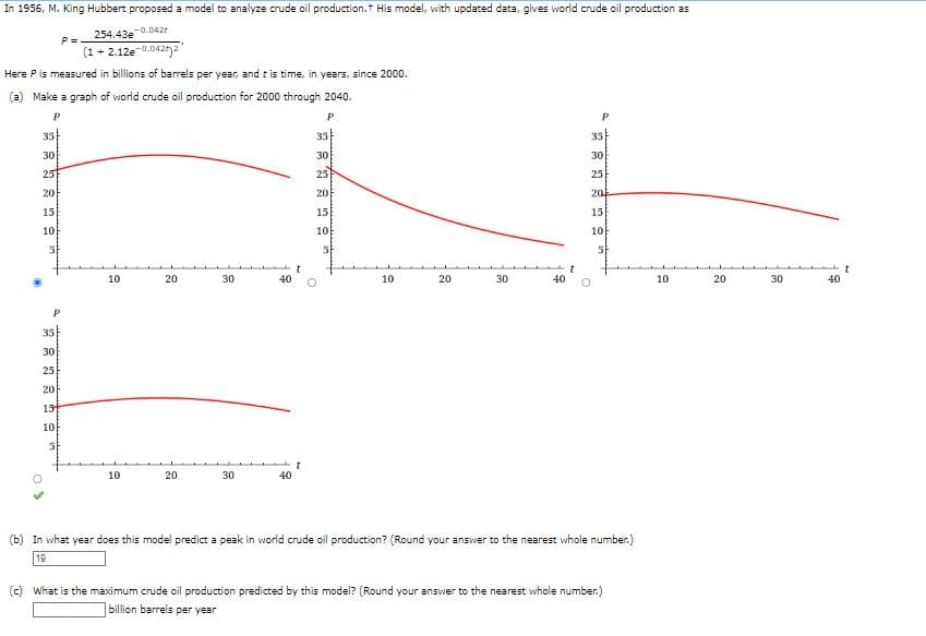 In 1956, M. King Hubbert proposed a model to analyze crude oil production. His model, with updated data, gives world crude oil production as
-0.042r
254.43e
(1+2.12e-0.0422
Here P is measured in billions of barrels per year, and this time, in years, since 2000.
(a) Make a graph of world crude oil production for 2000 through 2040.
P
P
35
30
25
20
15
10
5
35
30
25
20
19
10
5
P=-
10
10
20
20
30
30
40
40
O
35
30
25
20
15
10
5
10
20
30
40
P
35
30
25
20
15
10
5
Ć
(b) In what year does this model predict a peak in world crude oil production? (Round your answer to the nearest whole number.)
19
(c) What is the maximum crude oil production predicted by this model? (Round your answer to the nearest whole number.)
billion barrels per year
10
20
30
40
t