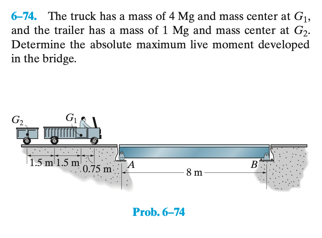 6-74. The truck has a mass of 4 Mg and mass center at G₁,
and the trailer has a mass of 1 Mg and mass center at G₂.
Determine the absolute maximum live moment developed
in the bridge.
G₂
G₁
1.5 m 1.5 m
0.75 m
A
Prob. 6-74
8 m
B