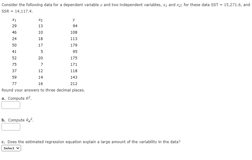 Consider the following data for a dependent variable y and two independent variables, x1 and x2; for these data SST =
15,271.6, and
SSR = 14,117.4.
X1
X2
y
29
13
94
46
10
108
24
18
113
50
17
179
41
95
52
20
175
75
7
171
37
12
118
59
14
143
77
16
212
Round your answers to three decimal places.
a. Compute R2.
b. Compute R,2.
c. Does the estimated regression equation explain a large amount of the variability in the data?
Select v
