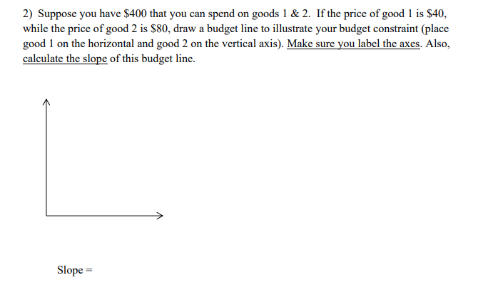 2) Suppose you have $400 that you can spend on goods 1 & 2. If the price of good 1 is $40,
while the price of good 2 is $80, draw a budget line to illustrate your budget constraint (place
good 1 on the horizontal and good 2 on the vertical axis). Make sure you label the axes. Also,
calculate the slope of this budget line.
Slope =
