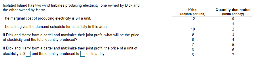 Isolated Island has two wind turbines producing electricity, one owned by Dick and
the other owned by Harry.
Quantity demanded
(units per day)
Price
(dollars per unit)
The marginal cost of producing electricity is $4 a unit.
12
11
1
The table gives the demand schedule for electricity in this area.
10
2
9
3
If Dick and Harry form a cartel and maximize their joint profit, what will be the price
of electricity and the total quantity produced?
8
4
7
5
If Dick and Harry form a cartel and maximize their joint profit, the price of a unit of
electricity is $ and the quantity produced is units a day.
6
7
