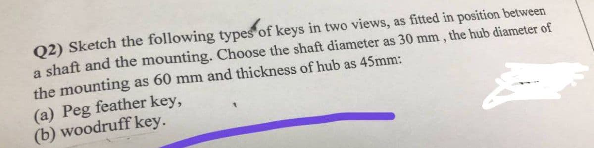 Q2) Sketch the following types of keys in two views, as fitted in position between
a shaft and the mounting. Choose the shaft diameter as 30 mm, the hub diameter of
the mounting as 60 mm and thickness of hub as 45mm:
(a) Peg feather key,
(b) woodruff key.
