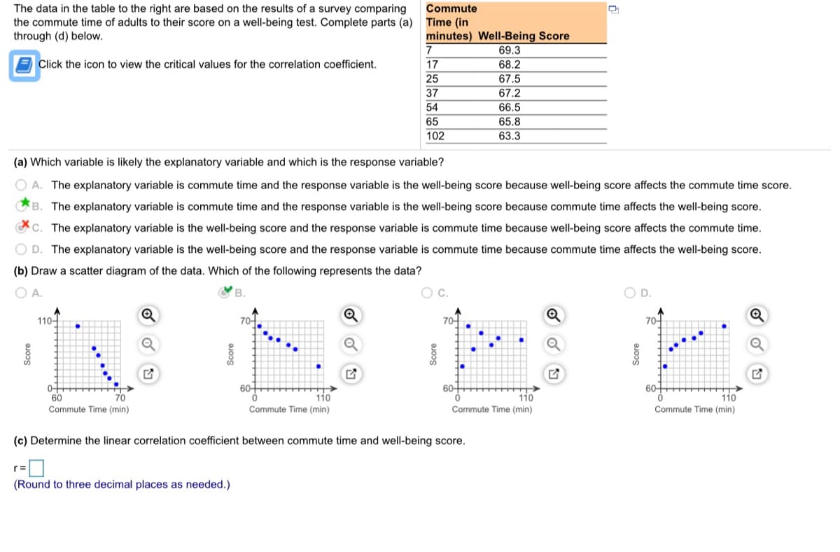 The data in the table to the right are based on the results of a survey comparing
the commute time of adults to their score on a well-being test. Complete parts (a) Time (in
through (d) below.
Commute
minutes) Well-Being Score
7
69.3
E Click the icon to view the critical values for the correlation coefficient.
17
68.2
25
67.5
37
67.2
54
66.5
65
65.8
102
63.3
(a) Which variable is likely the explanatory variable and which is the response variable?
O A. The explanatory variable is commute time and the response variable is the well-being score because well-being score affects the commute time score.
B. The explanatory variable is commute time and the response variable is the well-being score because commute time affects the well-being score.
Cc. The explanatory variable is the well-being score and the response variable is commute time because well-being score affects the commute time.
O D. The explanatory variable is the well-being score and the response variable is commute time because commute time affects the well-being score.
(b) Draw a scatter diagram of the data. Which of the following represents the data?
O A.
OD.
110-
70어-
70-
70-
Q
60-
60-
60+
70
110
Commute Time (min)
110
60
Commute Time (min)
110
Commute Time (min)
Commute Time (min)
(c) Determine the linear correlation coefficient between commute time and well-being score.
r=
(Round to three decimal places as needed.)
