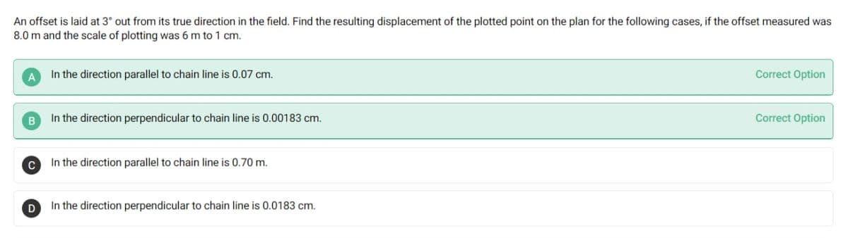 An offset is laid at 3° out from its true direction in the field. Find the resulting displacement of the plotted point on the plan for the following cases, if the offset measured was
8.0 m and the scale of plotting was 6 m to 1 cm.
In the direction parallel to chain line is 0.07 cm.
Correct Option
In the direction perpendicular to chain line is 0.00183 cm.
Correct Option
In the direction parallel to chain line is 0.70 m.
D
In the direction perpendicular to chain line is 0.0183 cm.
