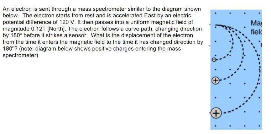 An electron is sent through a mass spectrometer similar to the diagram shown
below. The electron starts from rest and is accelerated East by an electric
potential difference of 120 V. It then passes into a uniform magnetic field of
magnitude 0.12T [North]. The electron follows a curve path, changing direction
by 180° before it strikes a sensor. What is the displacement of the electron
from the time it enters the magnetic field to the time it has changed direction by
180°? (note: diagram below shows positive charges entering the mass
spectrometer)
Ma
fiel
+)
